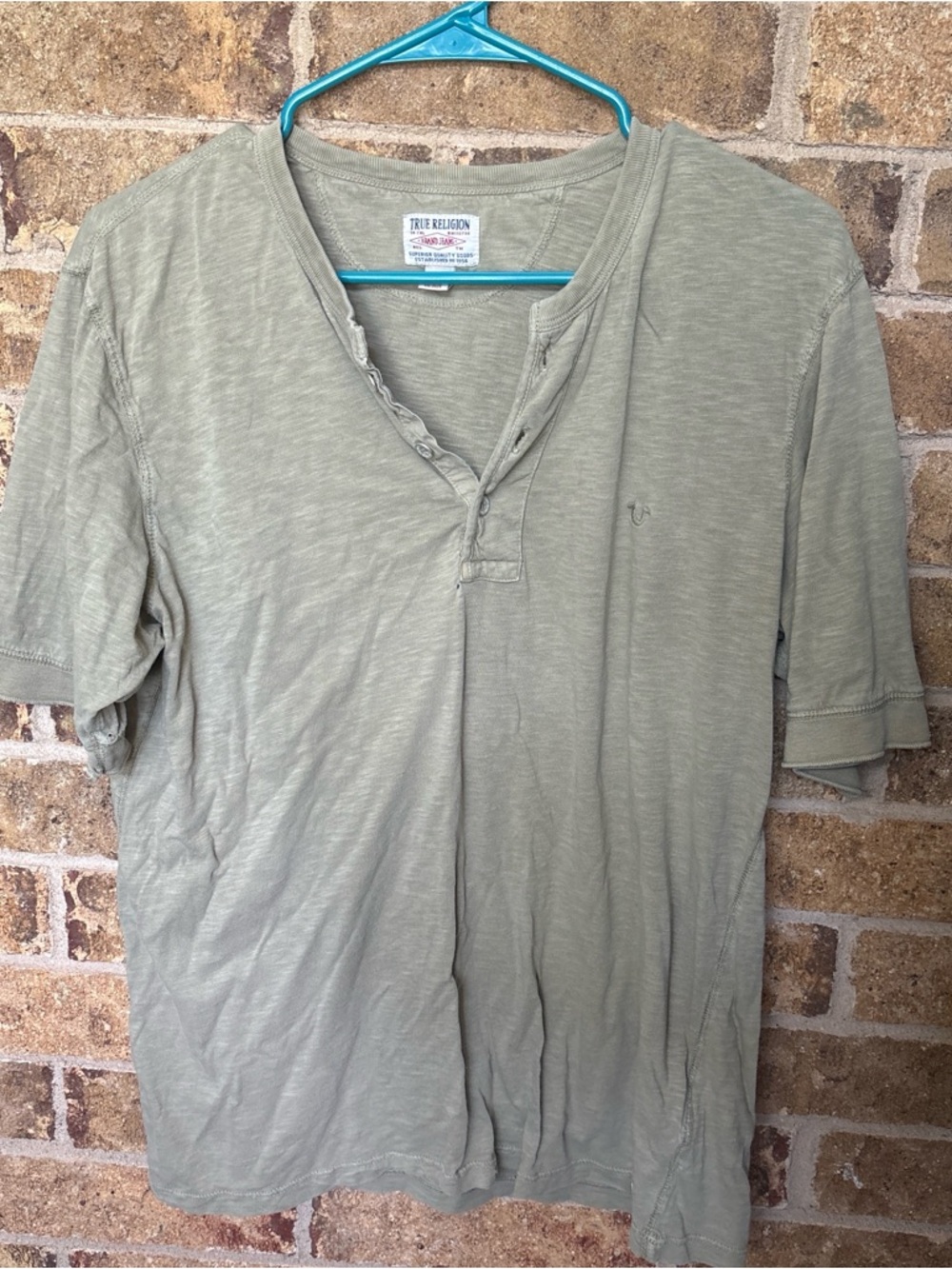 True Religion Men's Light Sage Green Short Sleeve Henley